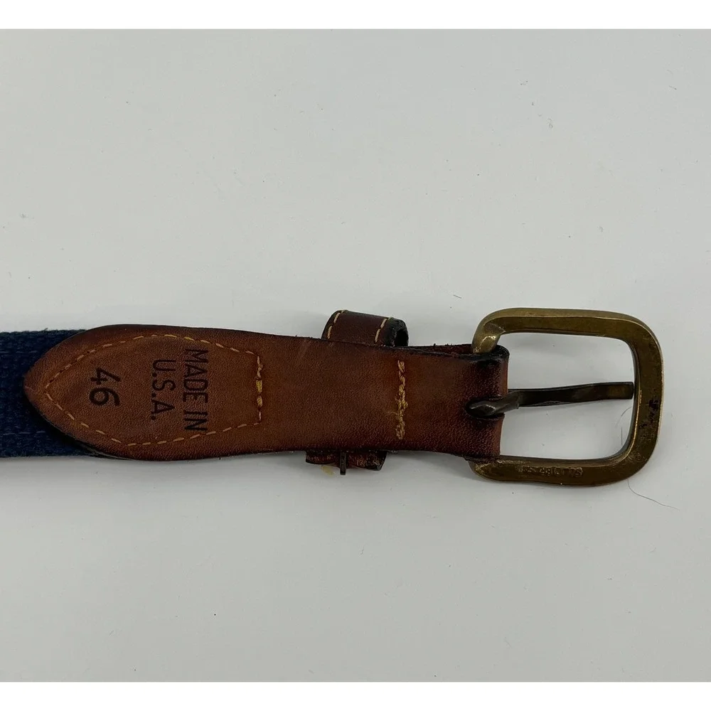 VTG Zeppelin Fish Canvas Leather Belt Size 46 Solid Brass Buckle Made In USA